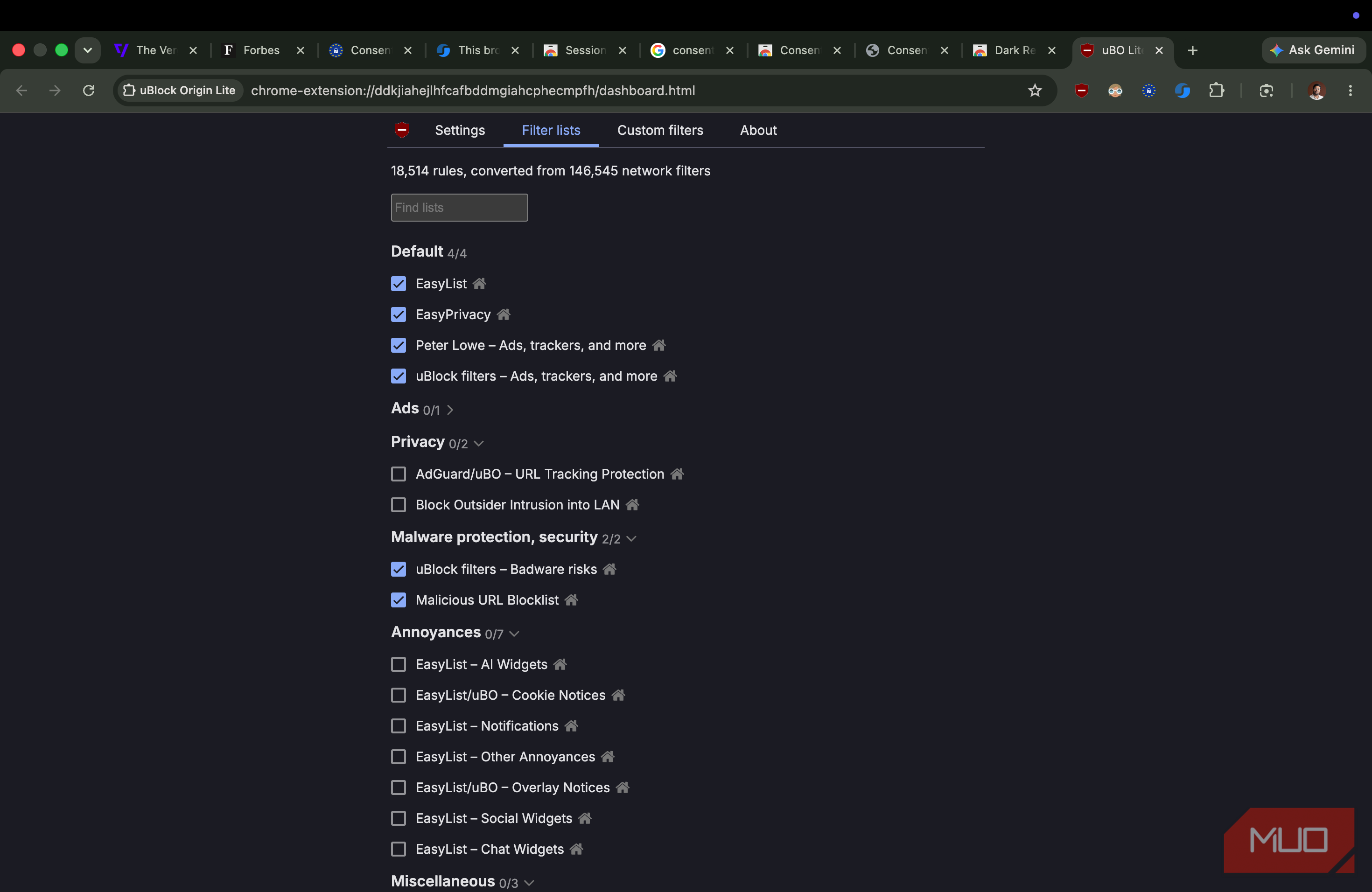 UBlock Origin showing the options to select custom lists