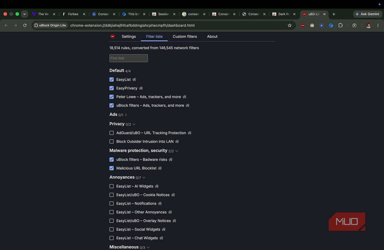 UBlock Origin showing the options to select custom lists