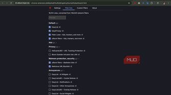 UBlock Origin showing the options to select custom lists