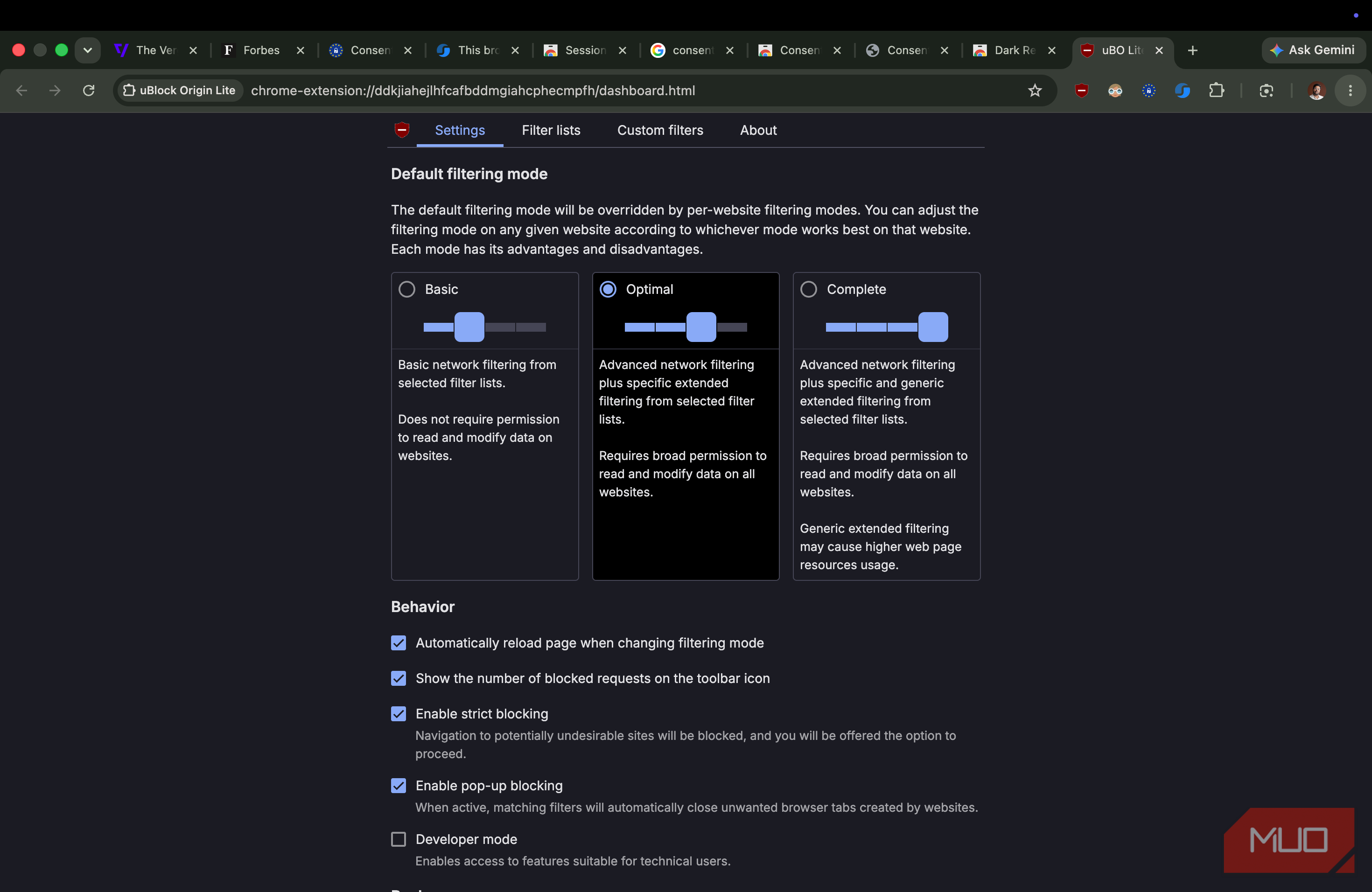 uBlock Origin Lite showing advanced options