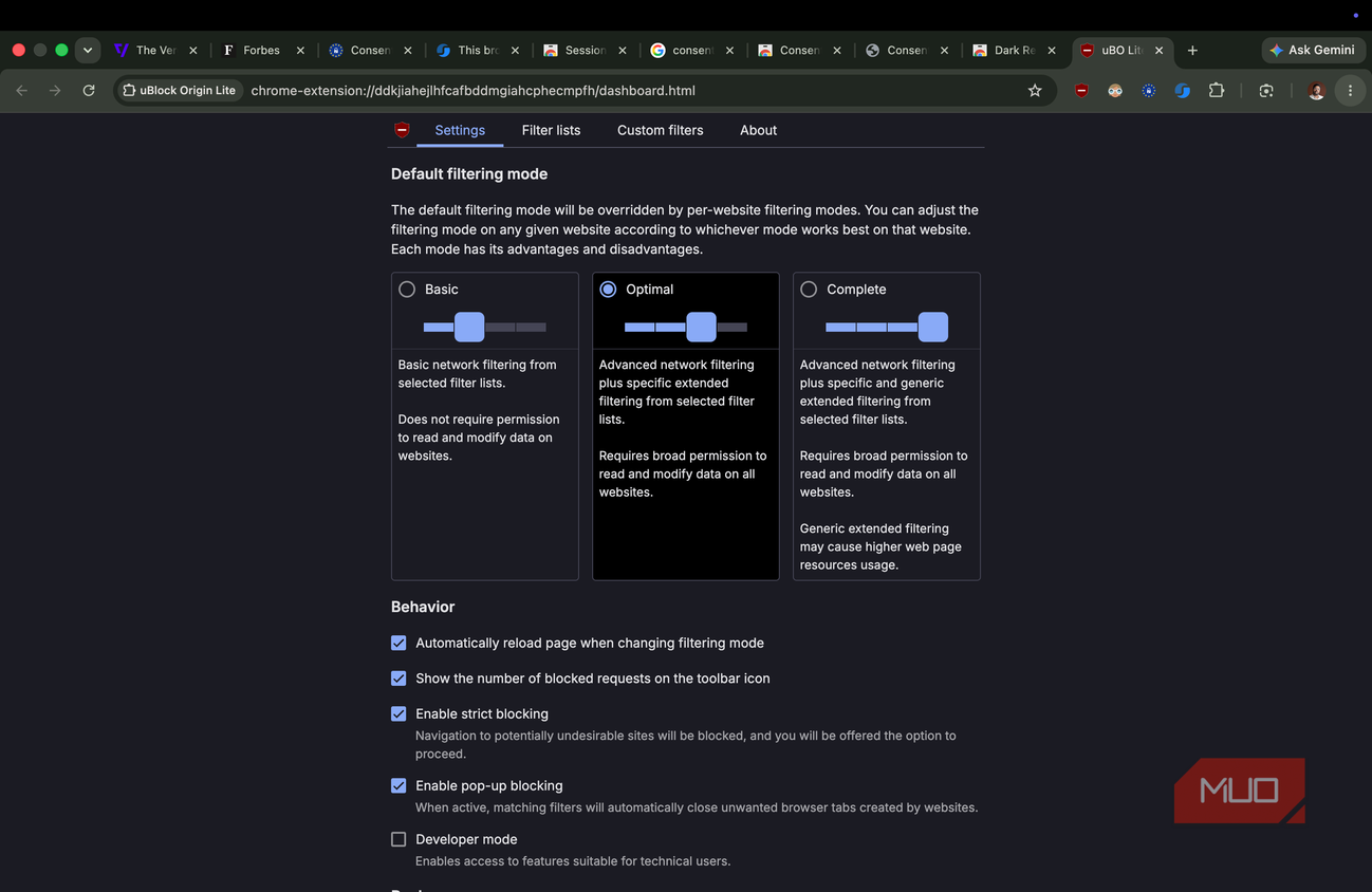 uBlock Origin Lite showing advanced options
