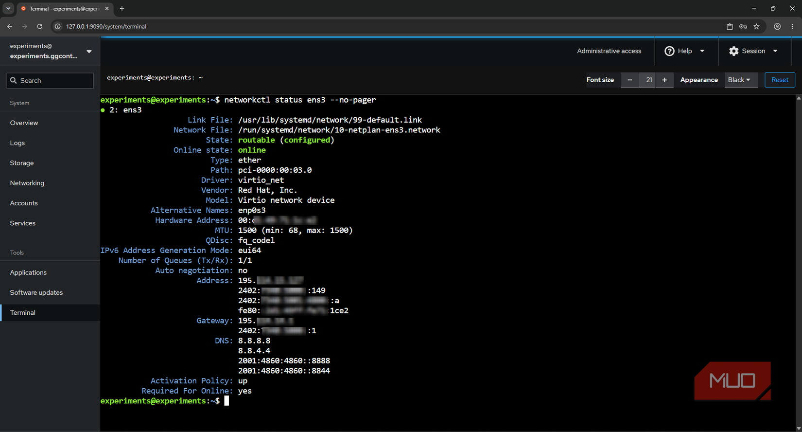 Ubuntu Server Cockpit Terminal، Networkctl، الحالة ens3 - أمر ونتائج عدم النداء
