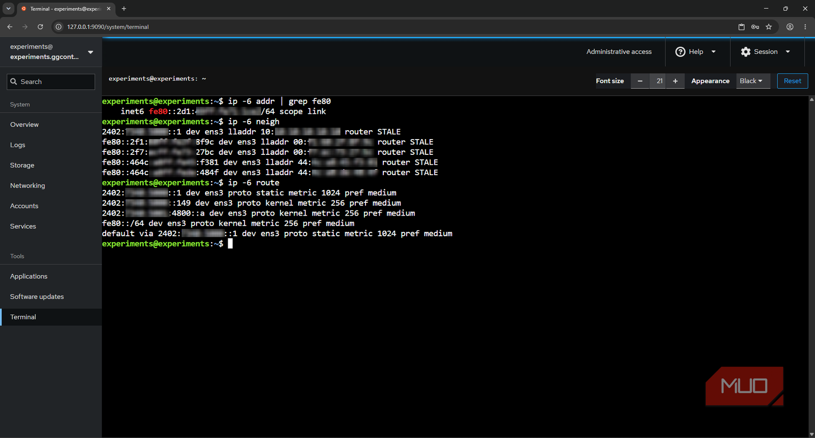 تعرض محطة Ubuntu Server Cockpit أوامر ونتائج IPv6 المجاورة