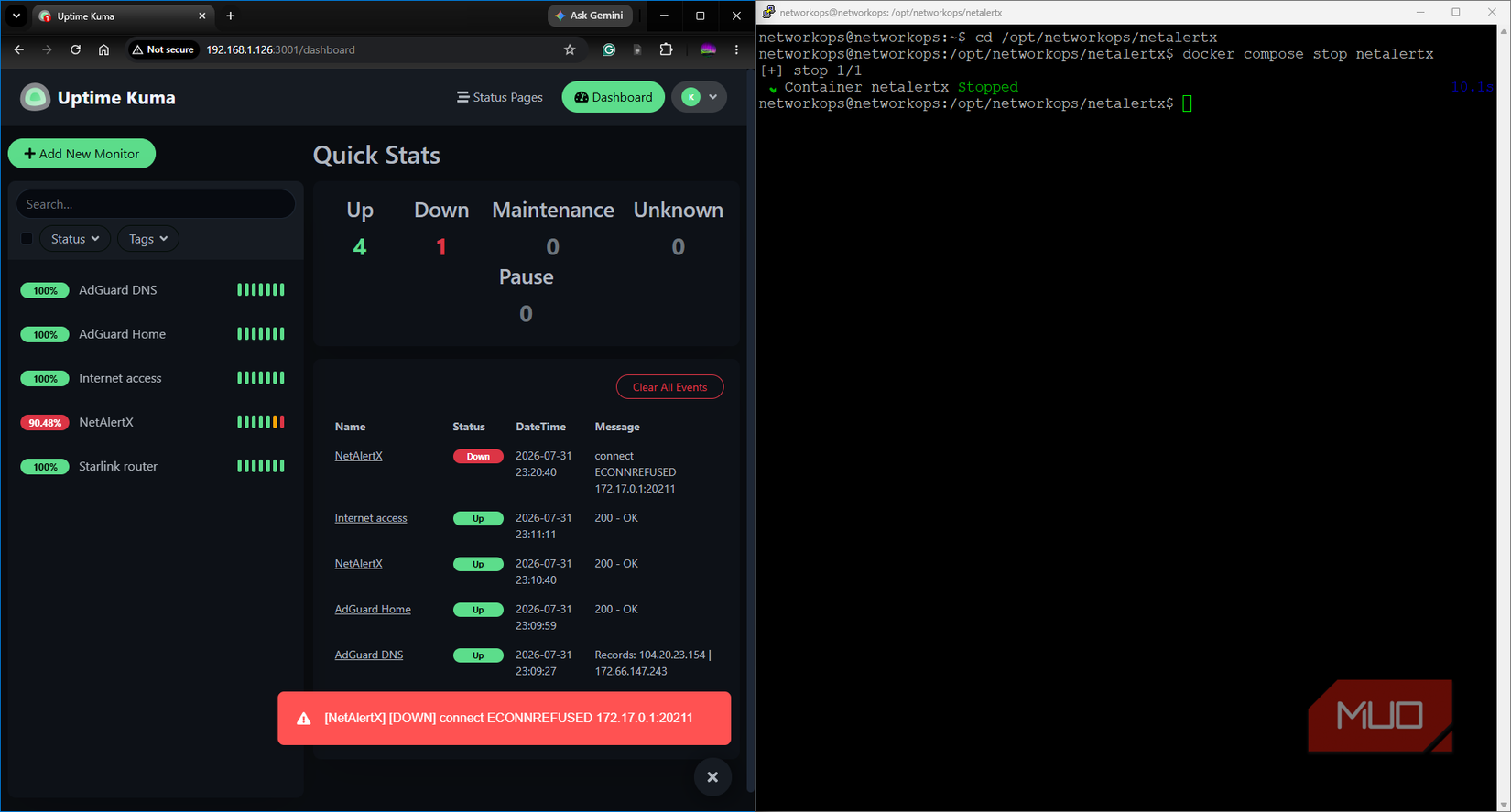 Uptime Kuma monitoring page with deliberate container failure and down result