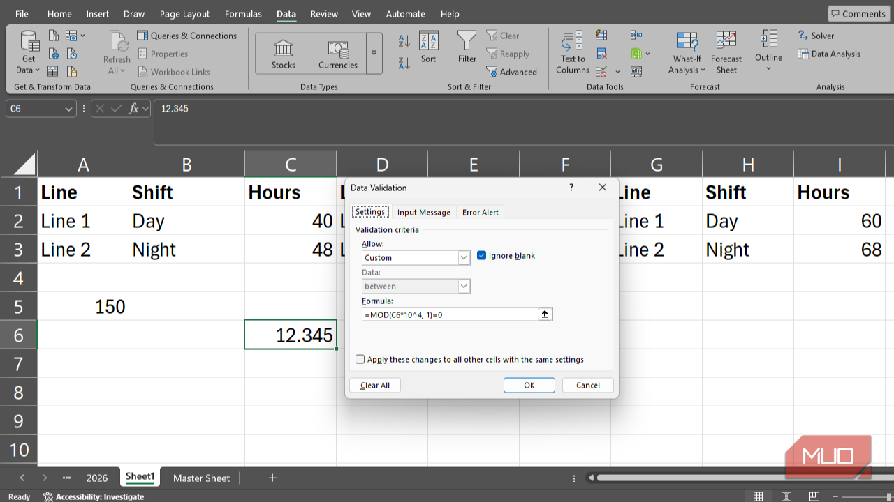 Using the MOD function in creating a new cell validation rule in Excel.