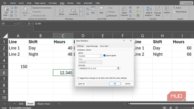 Using the MOD function in creating a new cell validation rule in Excel.