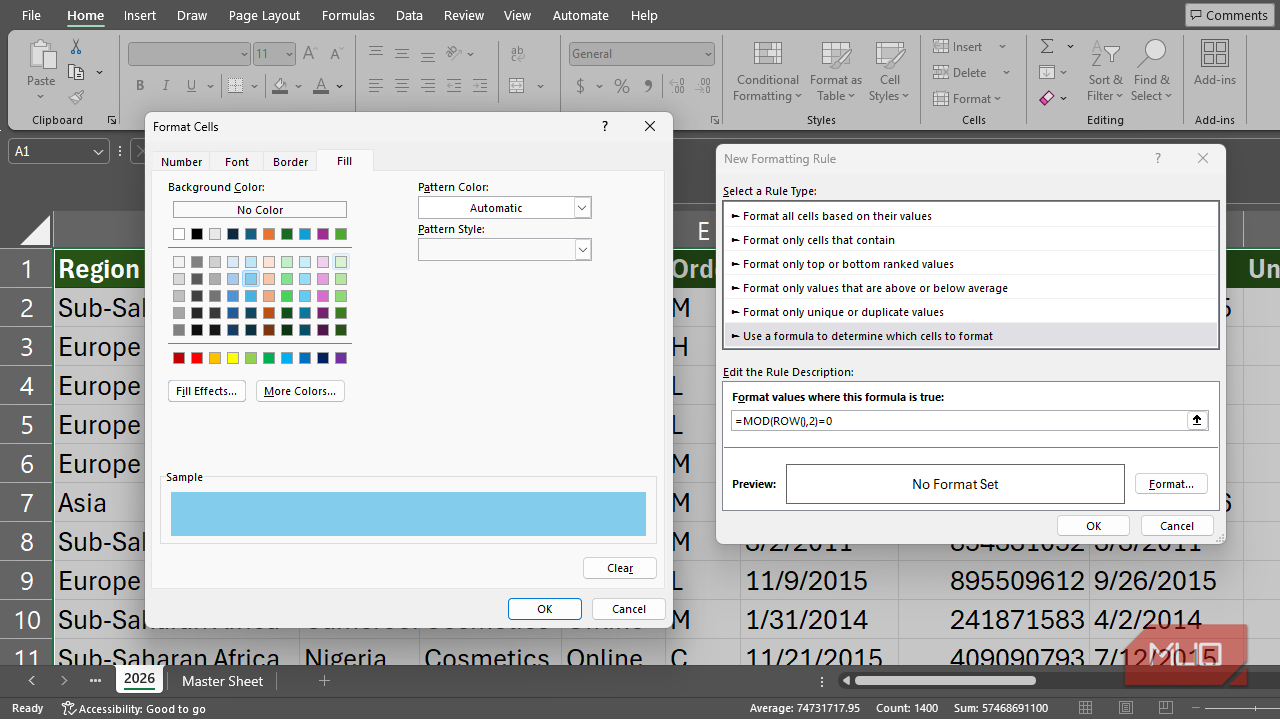 Using the MOD function in creating a new conditional formatting rule in Excel.
