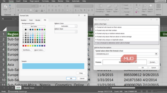 Using the MOD function in creating a new conditional formatting rule in Excel.