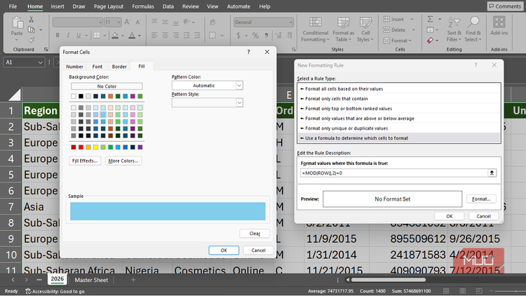 Using the MOD function in creating a new conditional formatting rule in Excel.