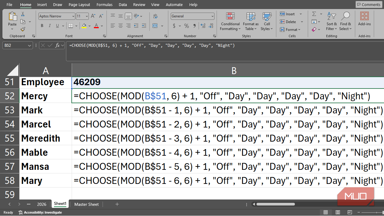 Using the MOD function in Excel to build a shift scheduler with all the formulas displayed.