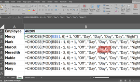 Using the MOD function in Excel to build a shift scheduler with all the formulas displayed.