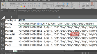 Using the MOD function in Excel to build a shift scheduler with all the formulas displayed.