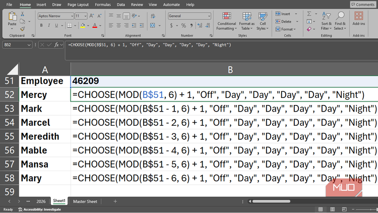 Using the MOD function in Excel to build a shift scheduler with all the formulas displayed.