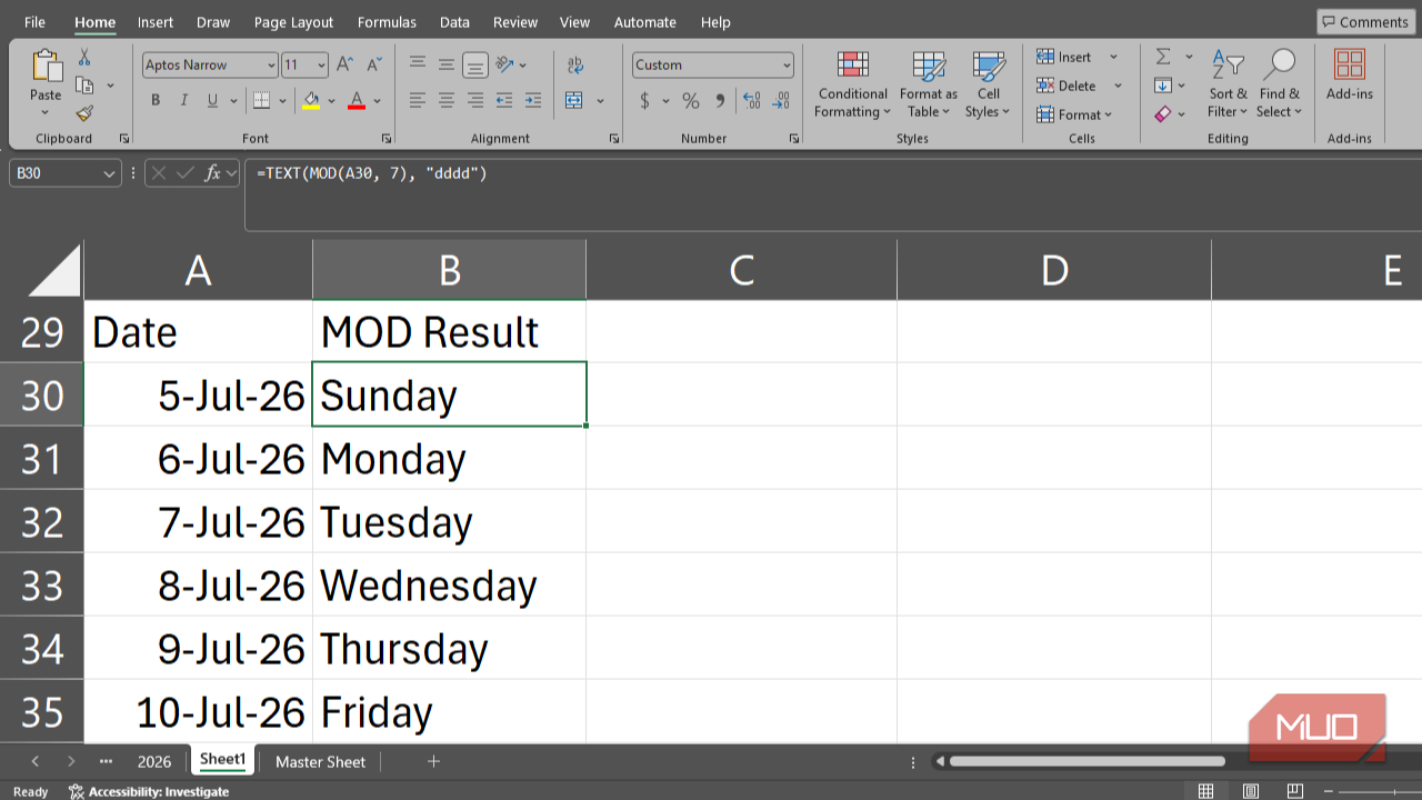 Using the MOD function in Excel to determine days of the week.