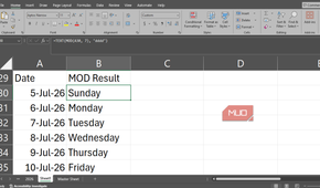 Using the MOD function in Excel to determine days of the week.