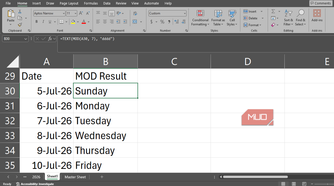 Using the MOD function in Excel to determine days of the week.