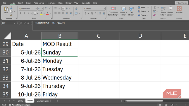 Using the MOD function in Excel to determine days of the week.