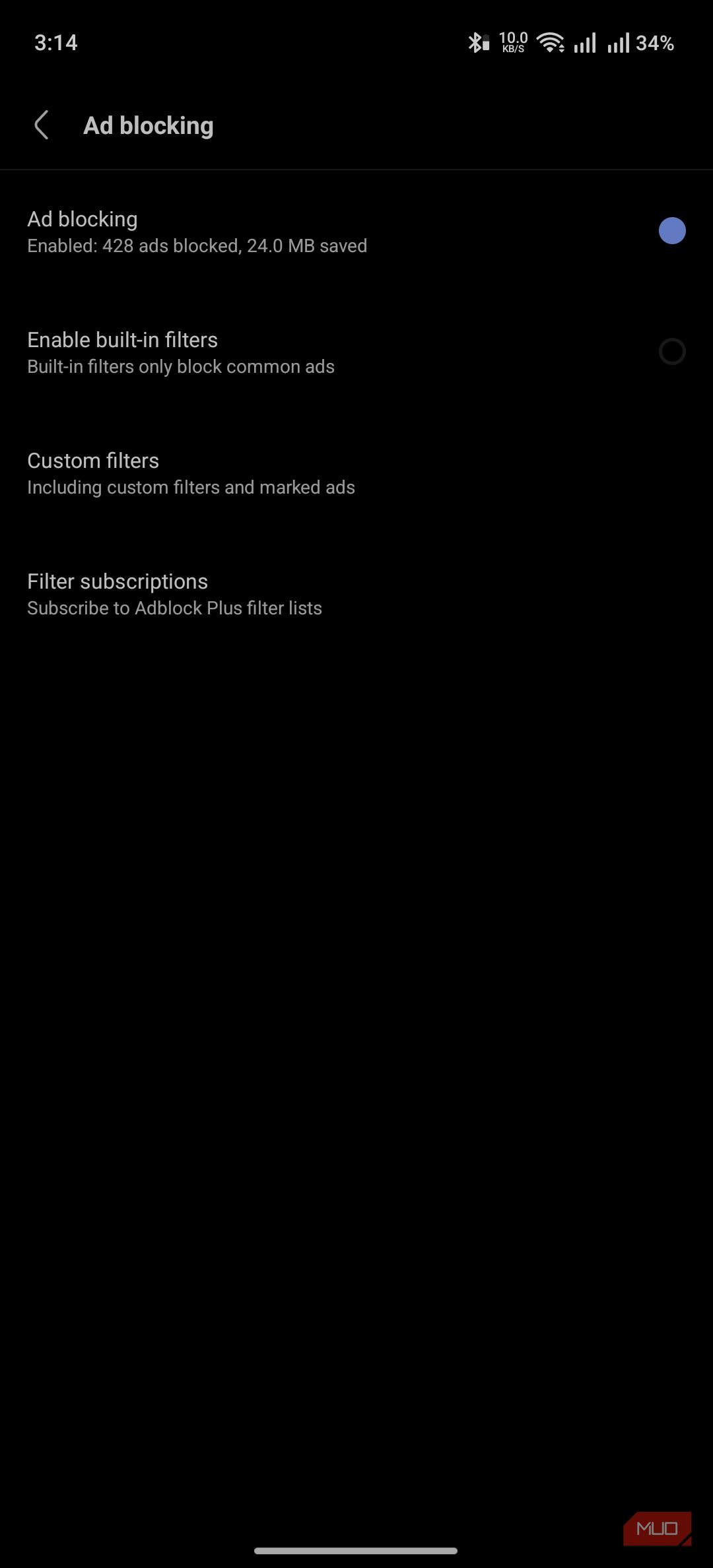 AdBlocker settings on Via Browser