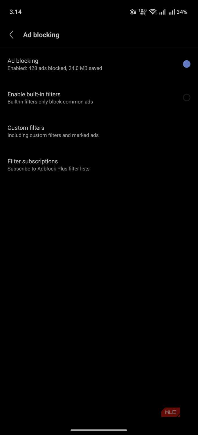 AdBlocker settings on Via Browser