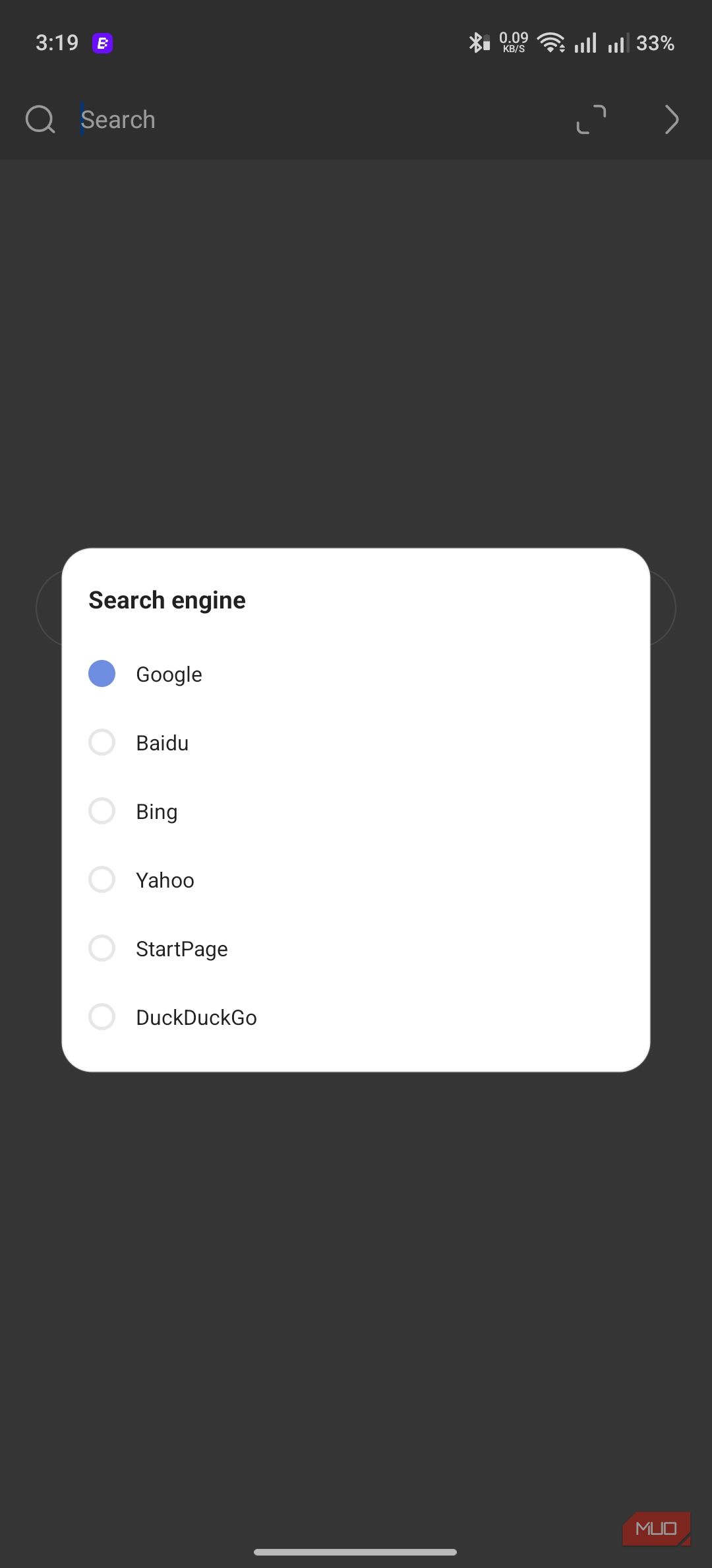 Via browser showing the search engine picker