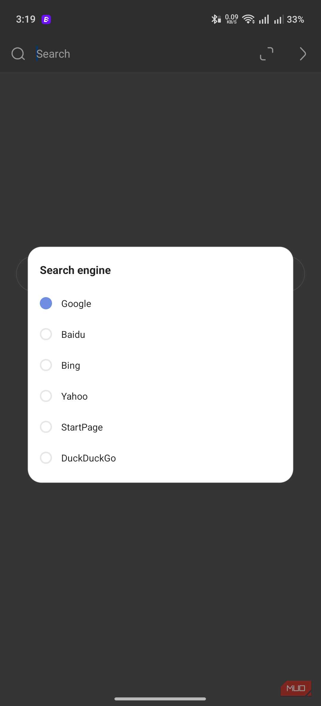 Via browser showing the search engine picker