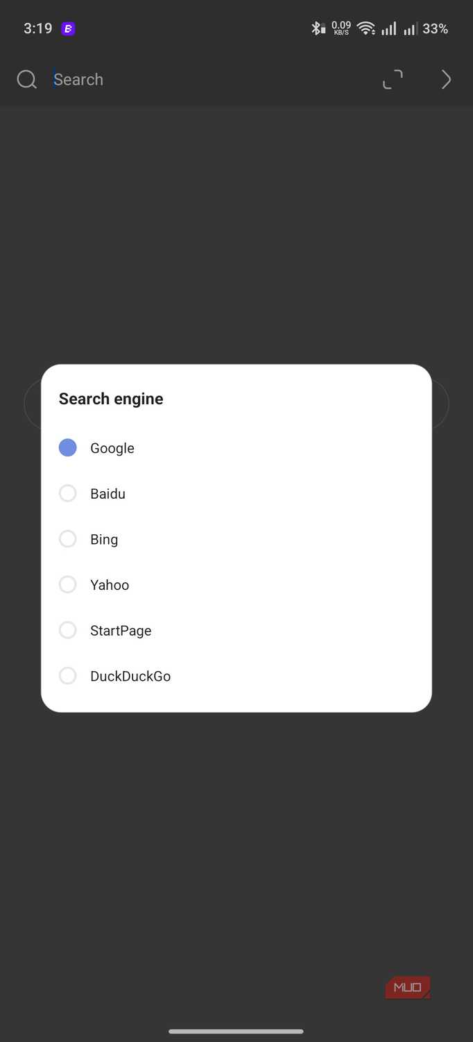 Via browser showing the search engine picker