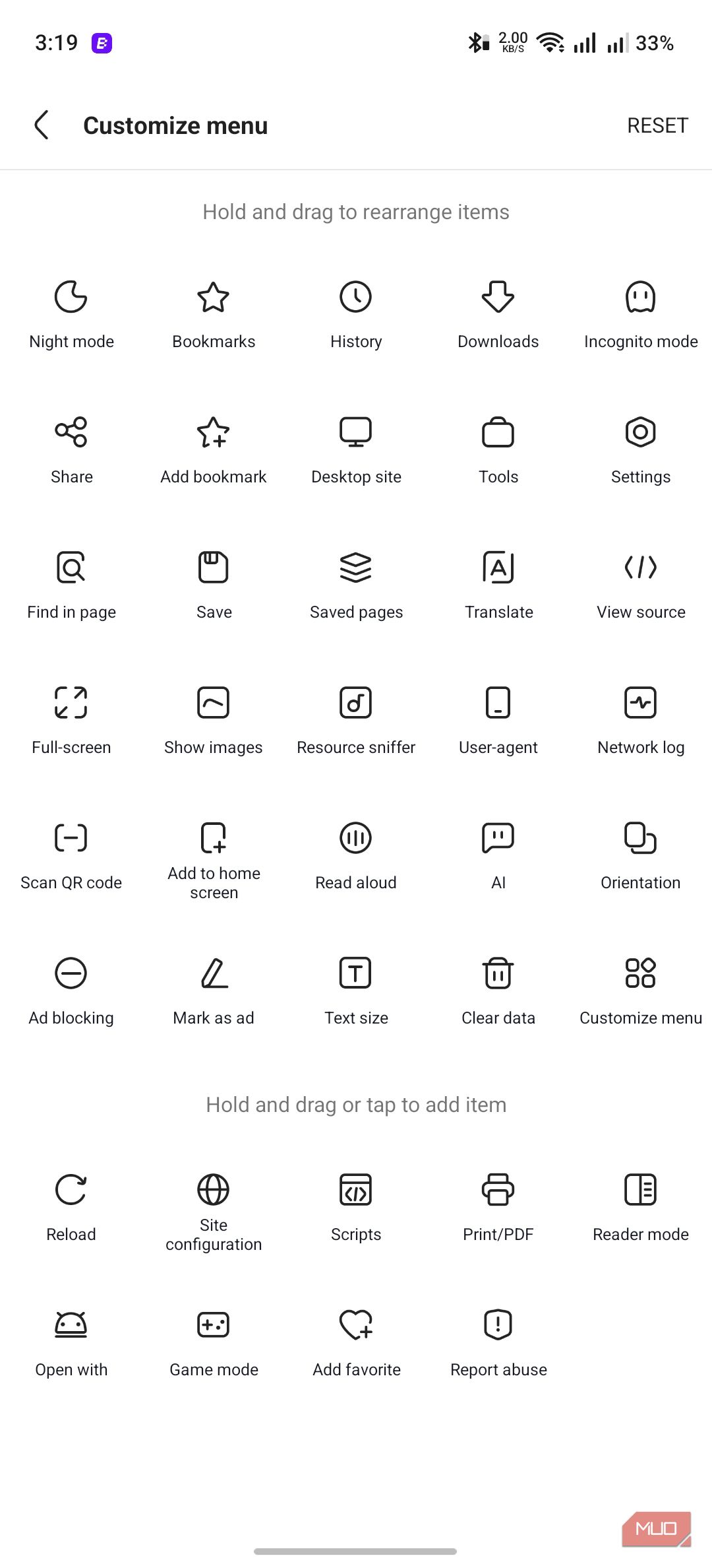 Via browser showing menu customization options