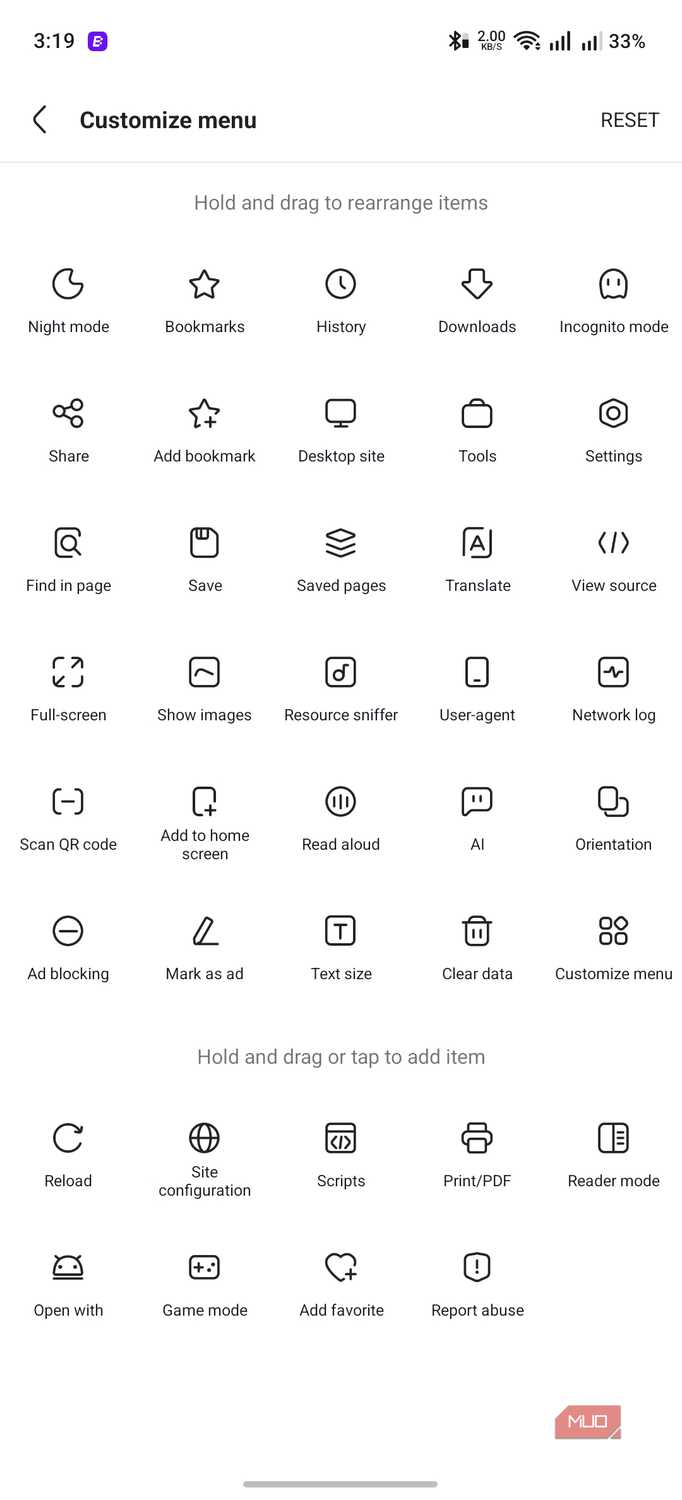 Via browser showing menu customization options
