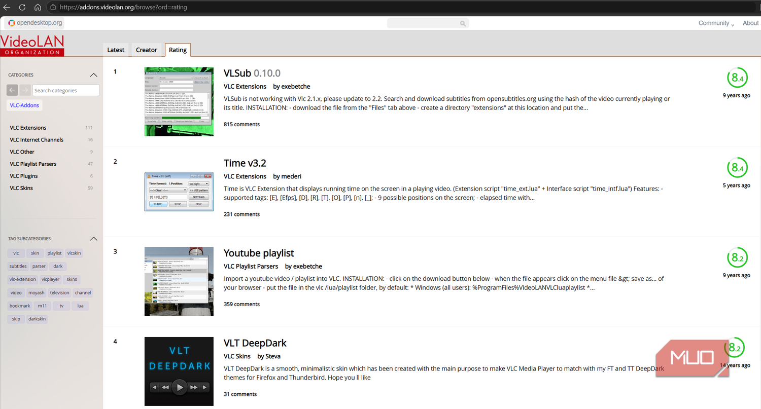 VLC add-ons on VideoLAN website