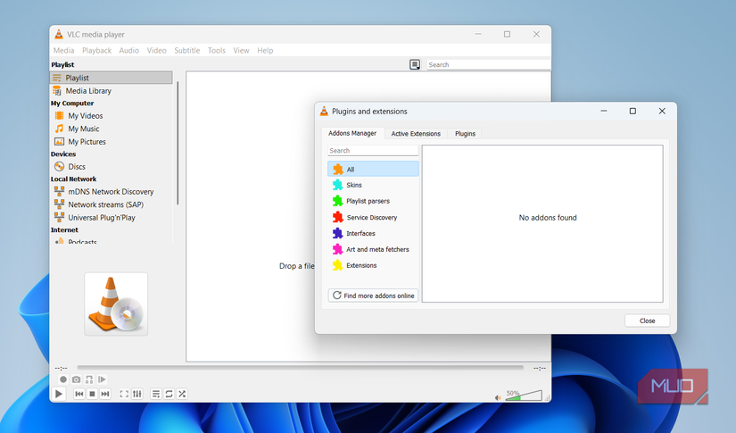 VLC extensions and plugins menu on Windows