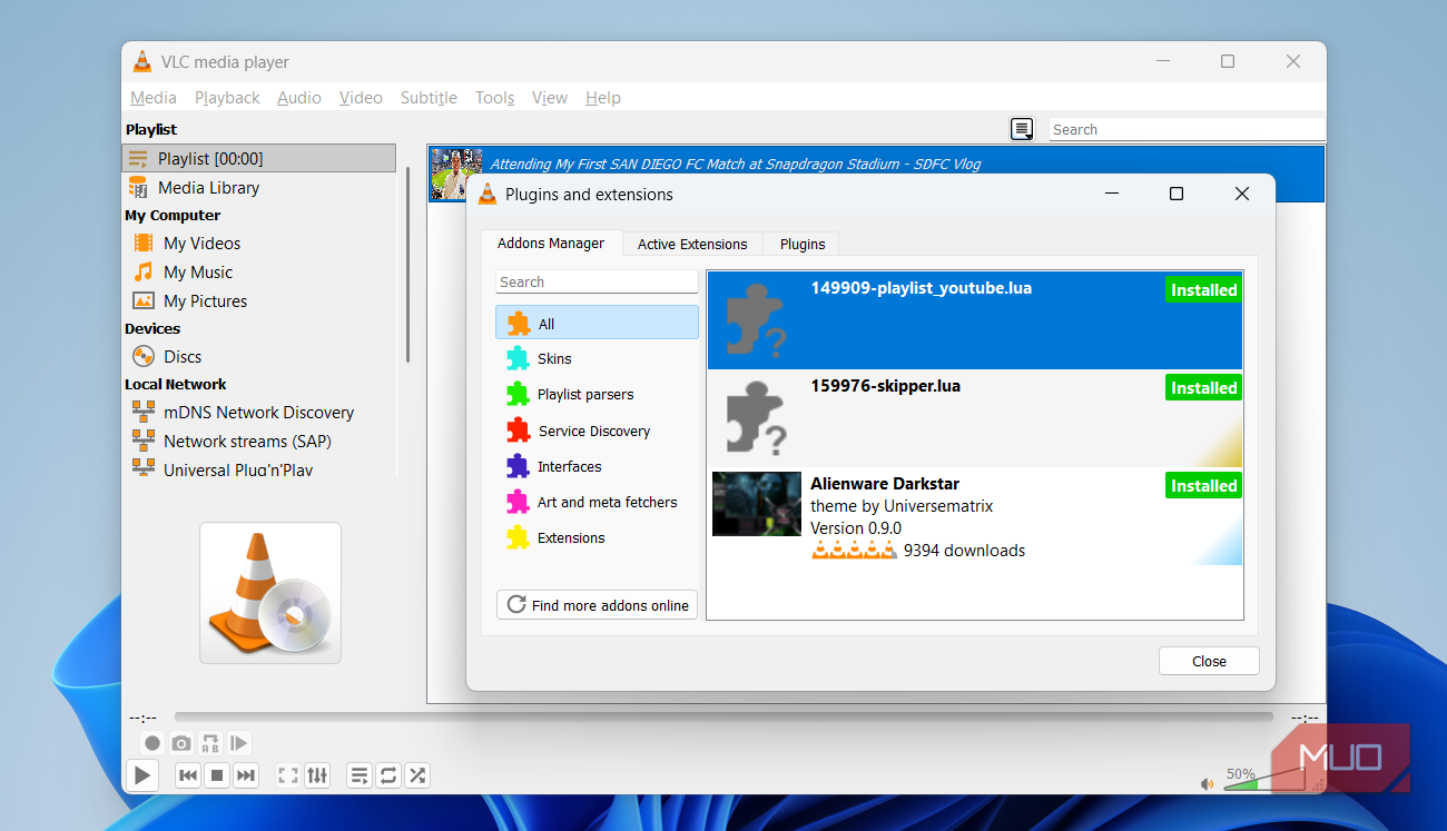 VLC extensions menu on Windows