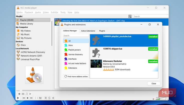 VLC extensions menu on Windows