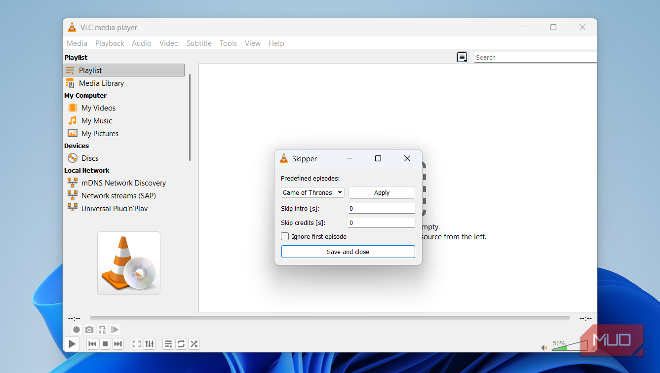 VLC showing skipper add-on on Windows