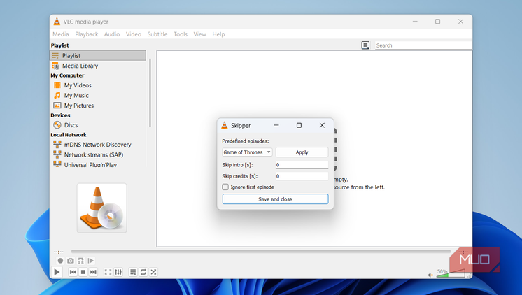 VLC showing skipper add-on on Windows