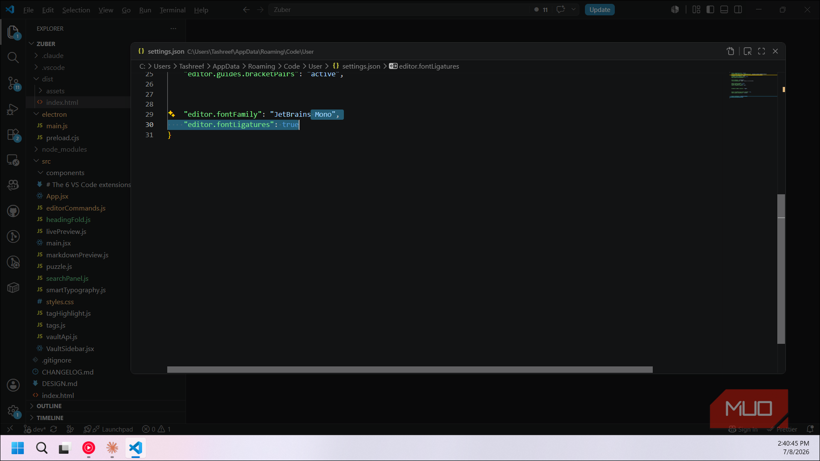 VS Code JetBrains Mono font ligatures setting