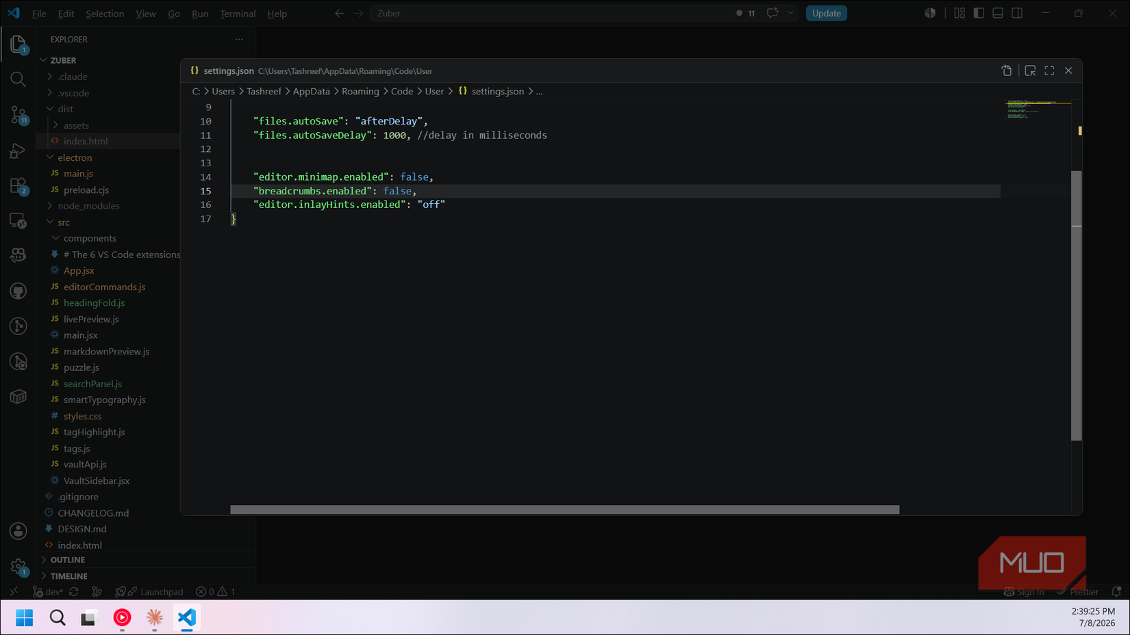 VS Code minimap breadcrumbs inlay hints disabled