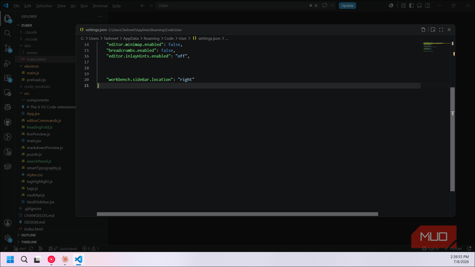VS Code sidebar location right setting