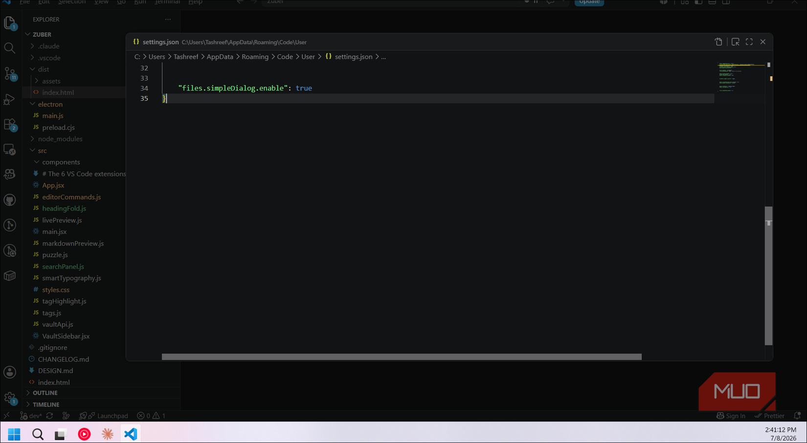 VS Code simple dialog enable setting