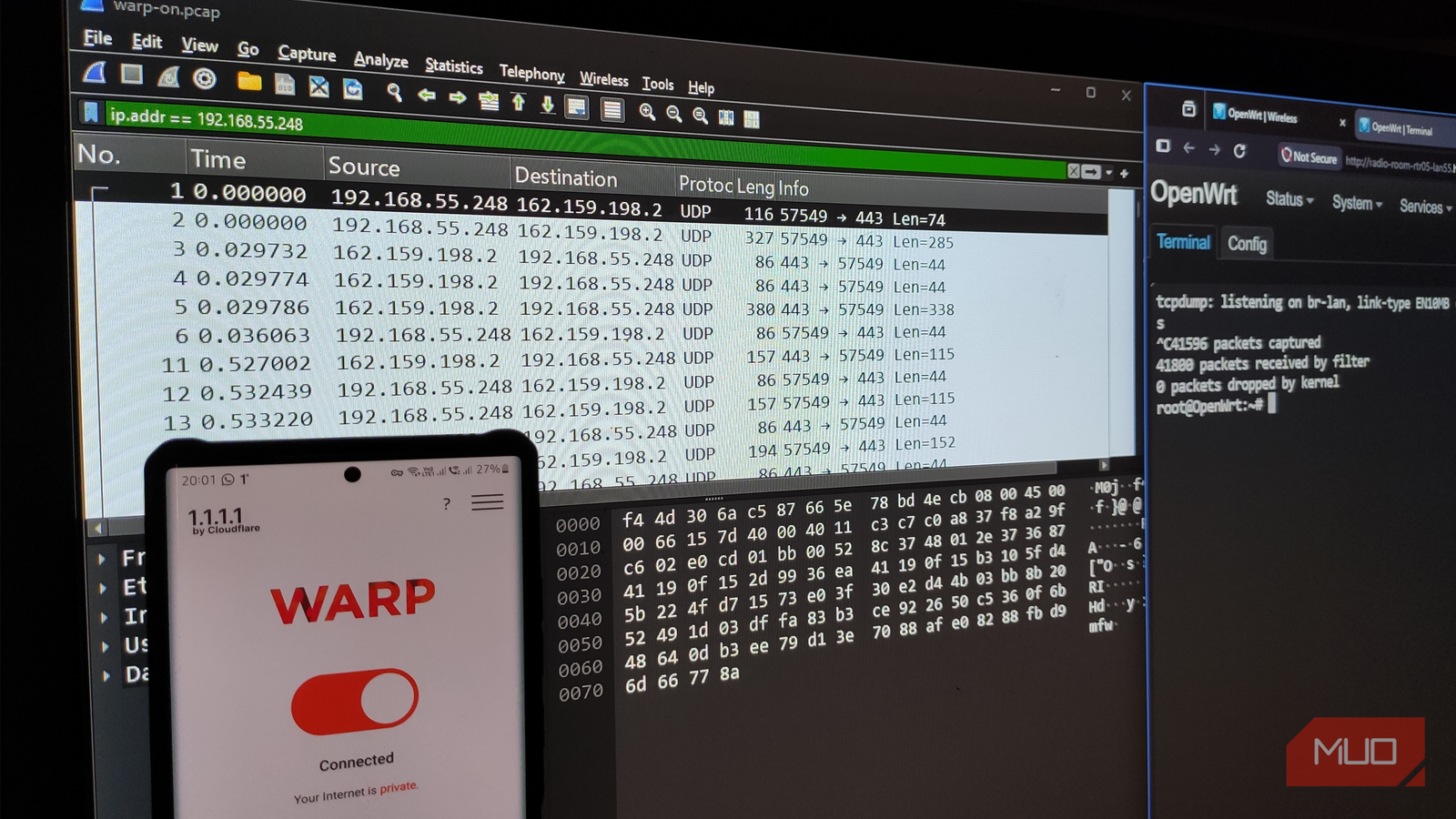 Cloudflare WARP on Android smartphone with Wireshark showing encrypted packets
