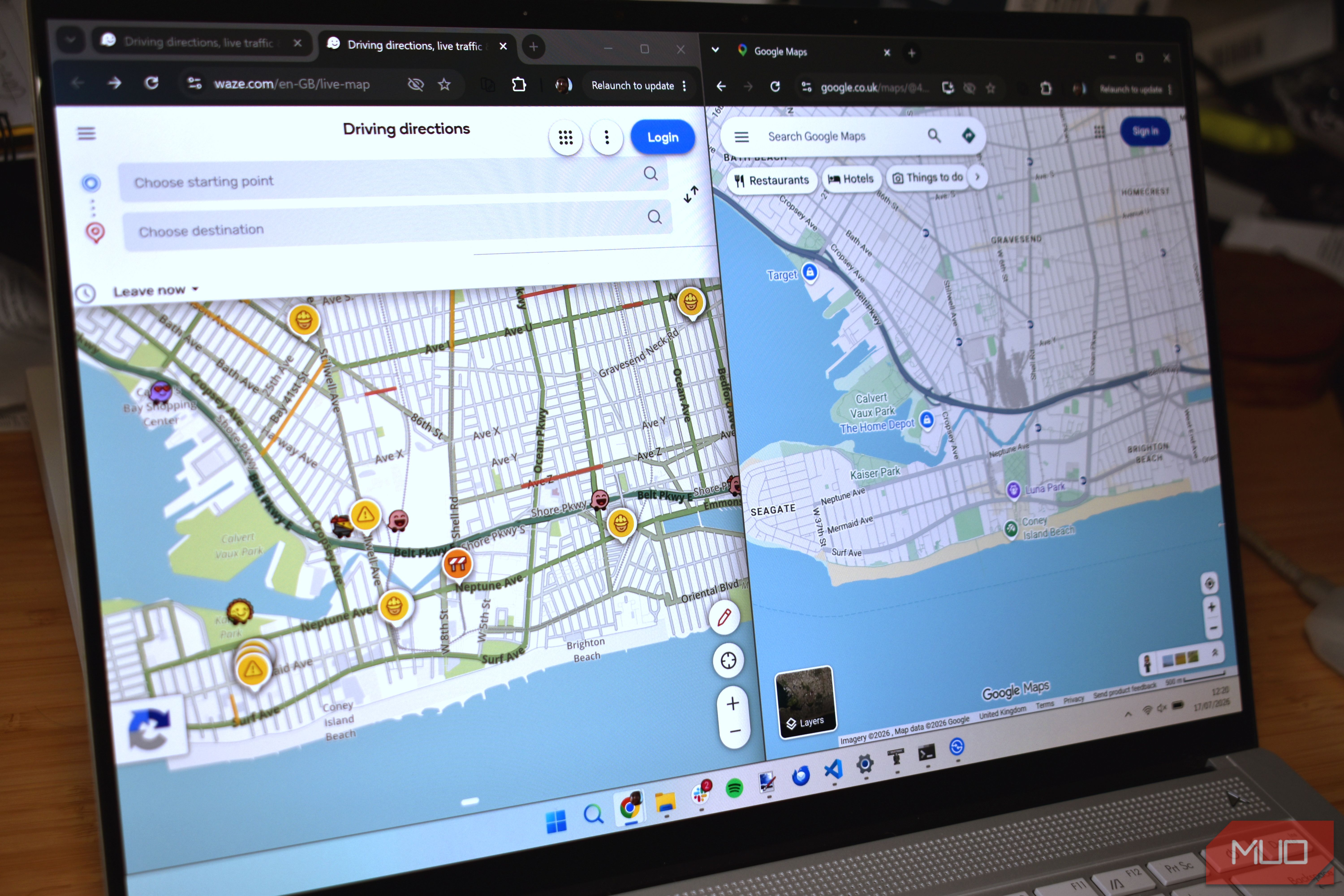 waze and google maps side by side on laptop screen showing coney island.