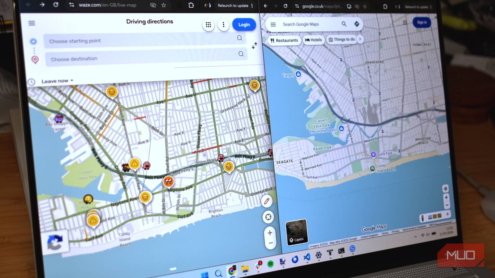 waze and google maps side by side on laptop screen showing coney island.
