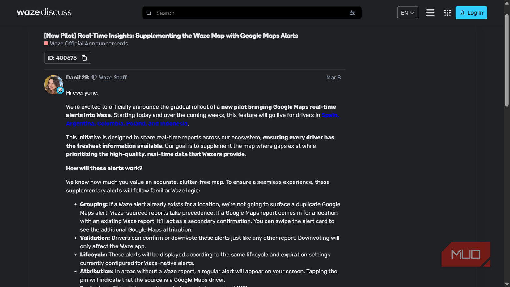 Waze discuss post about Google Maps alerts