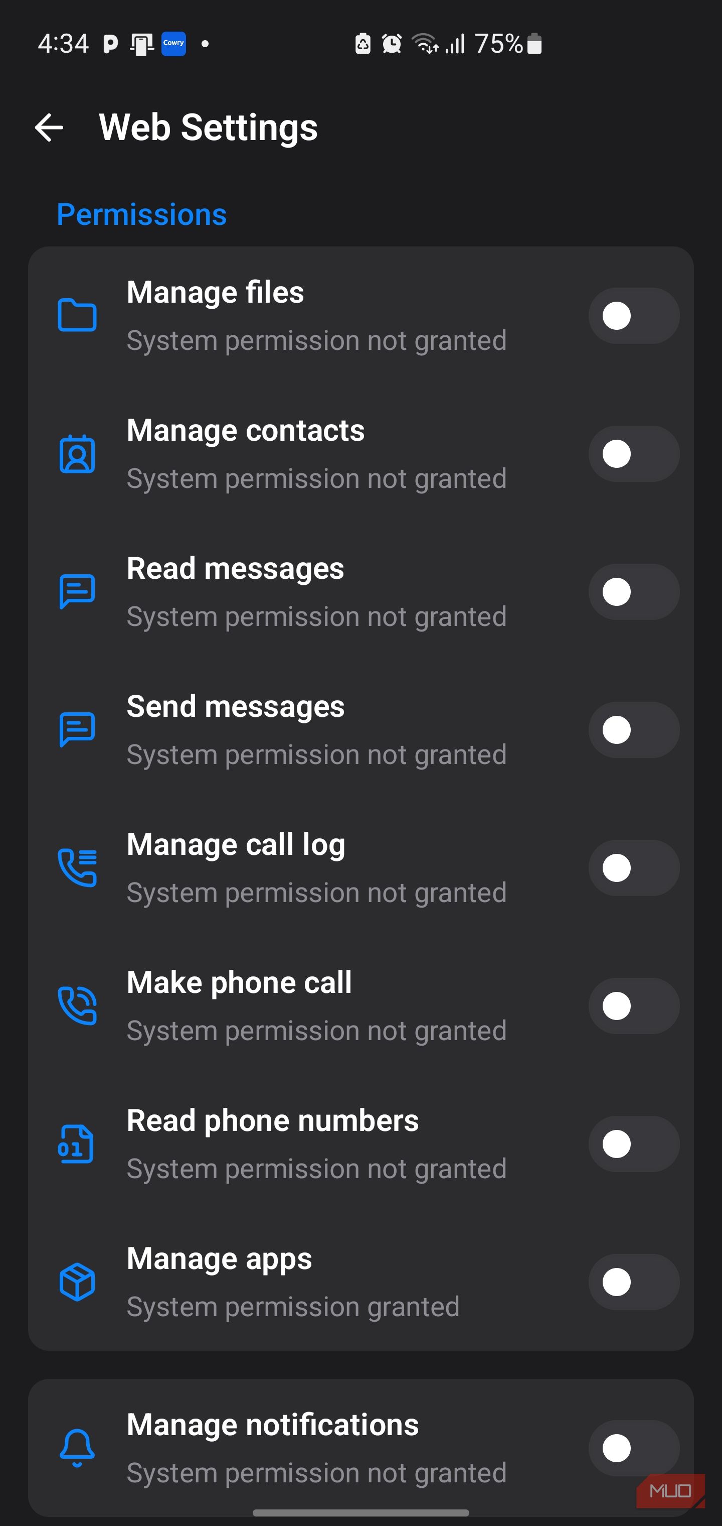 Web settings menu showing application permissions