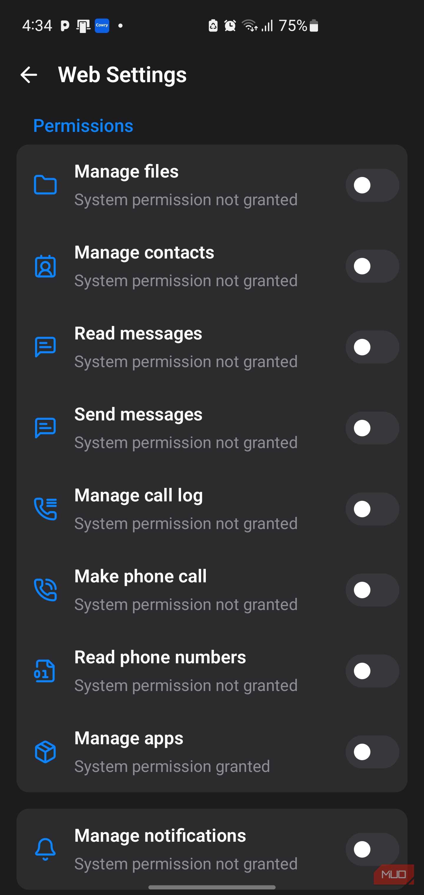 Web settings menu showing application permissions