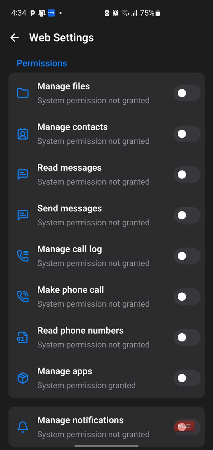 Web settings menu showing application permissions