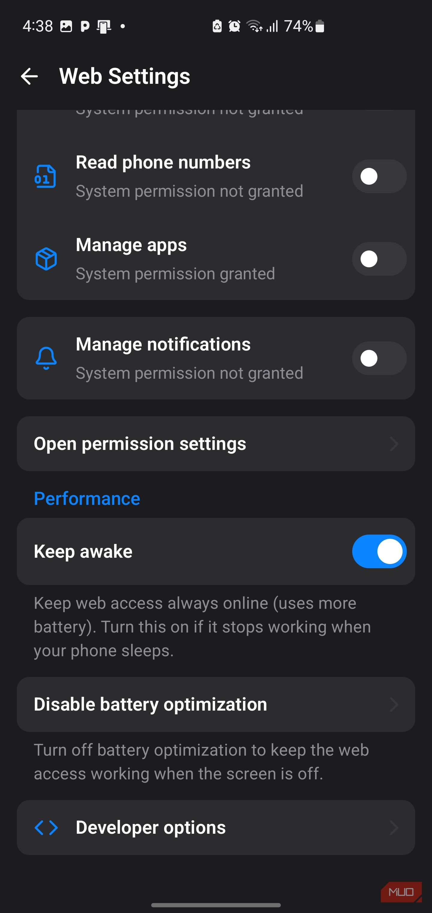 Web settings menu with app permissions