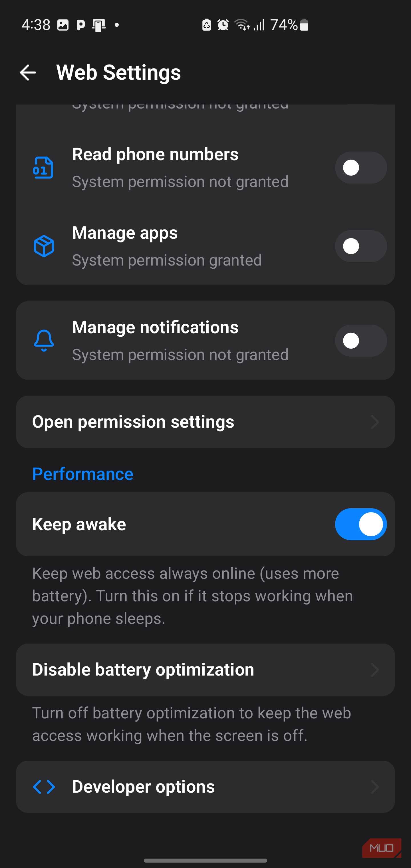 Web settings menu with app permissions