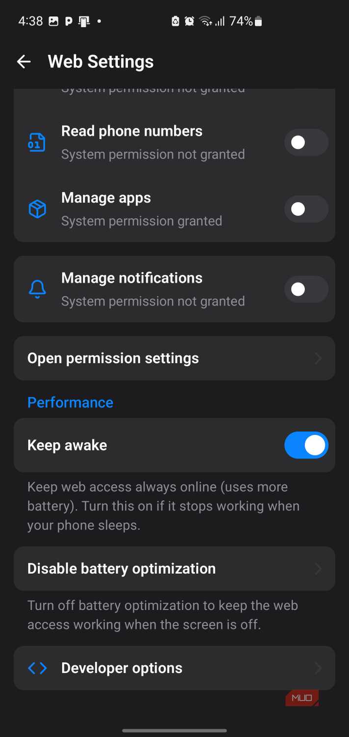 Web settings menu with app permissions