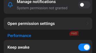 Web settings menu with app permissions
