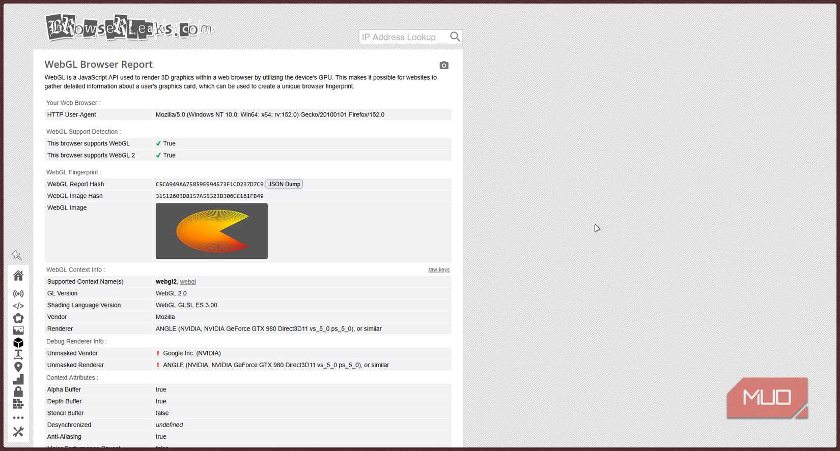 WebGL browser report with data.